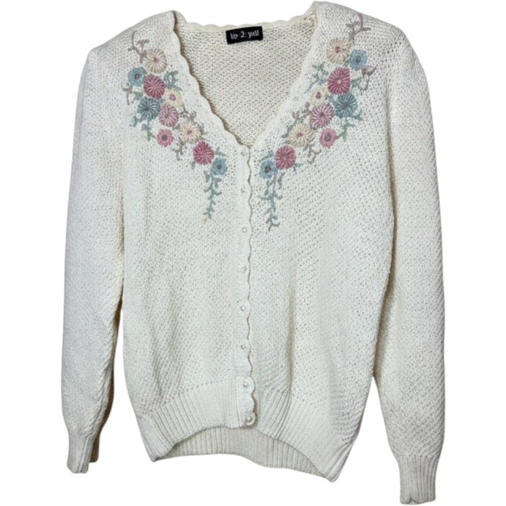 Up 2 You Cream Floral Embroidered Scalloped Cardigan Pearl Button Sweater Womens